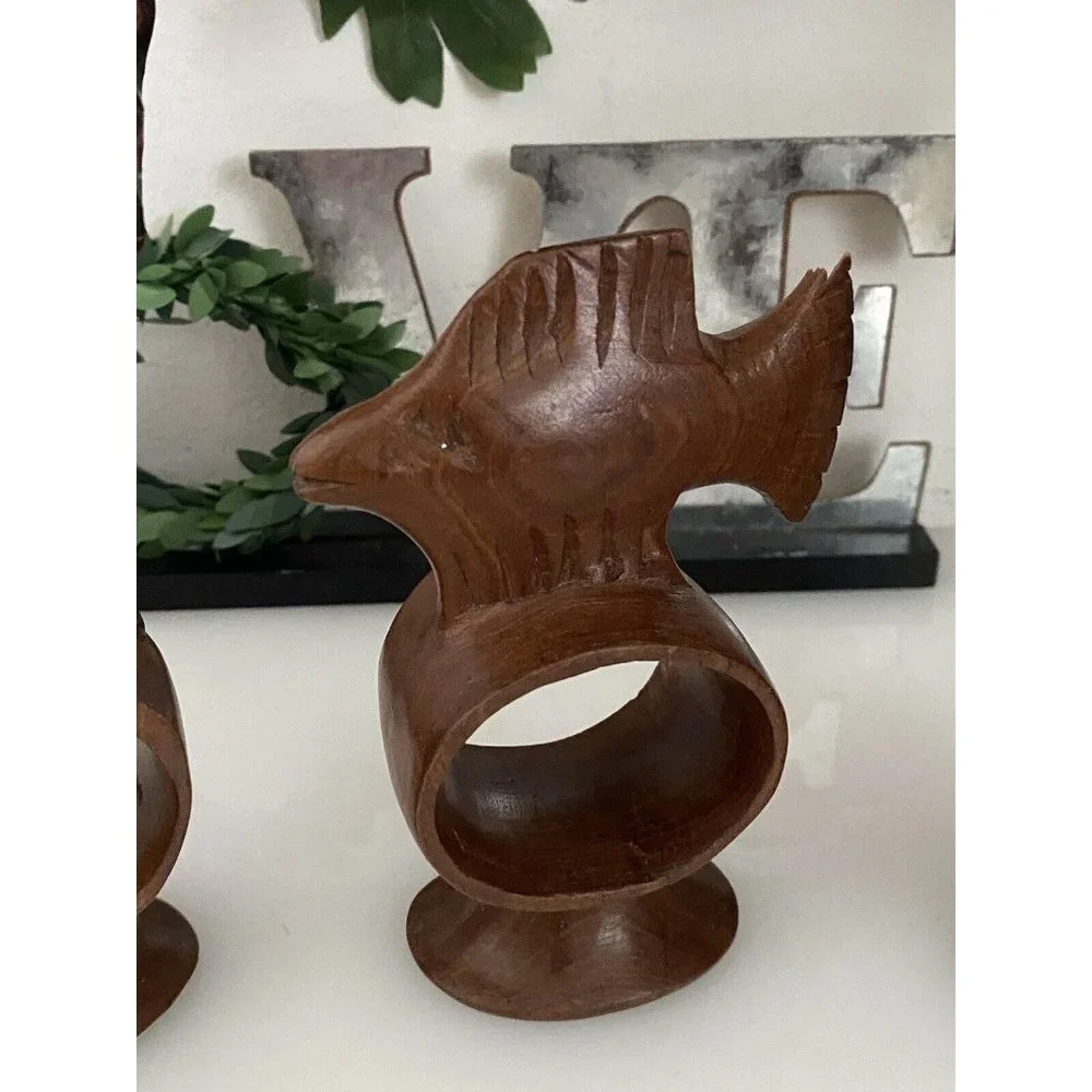 Set of 4 Hand Carved Napkin Rings African Safari Jungle Animal Teak Wood Vintage